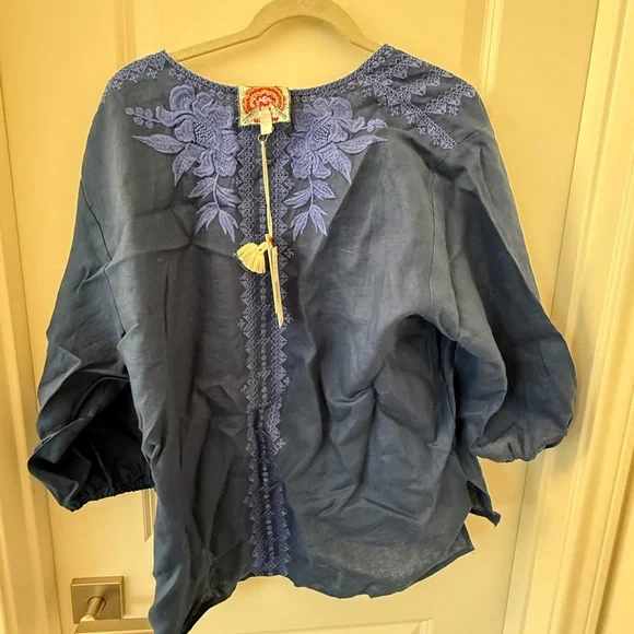 Johnny Was Blue Embroidered Blouse - Picture 2 of 3